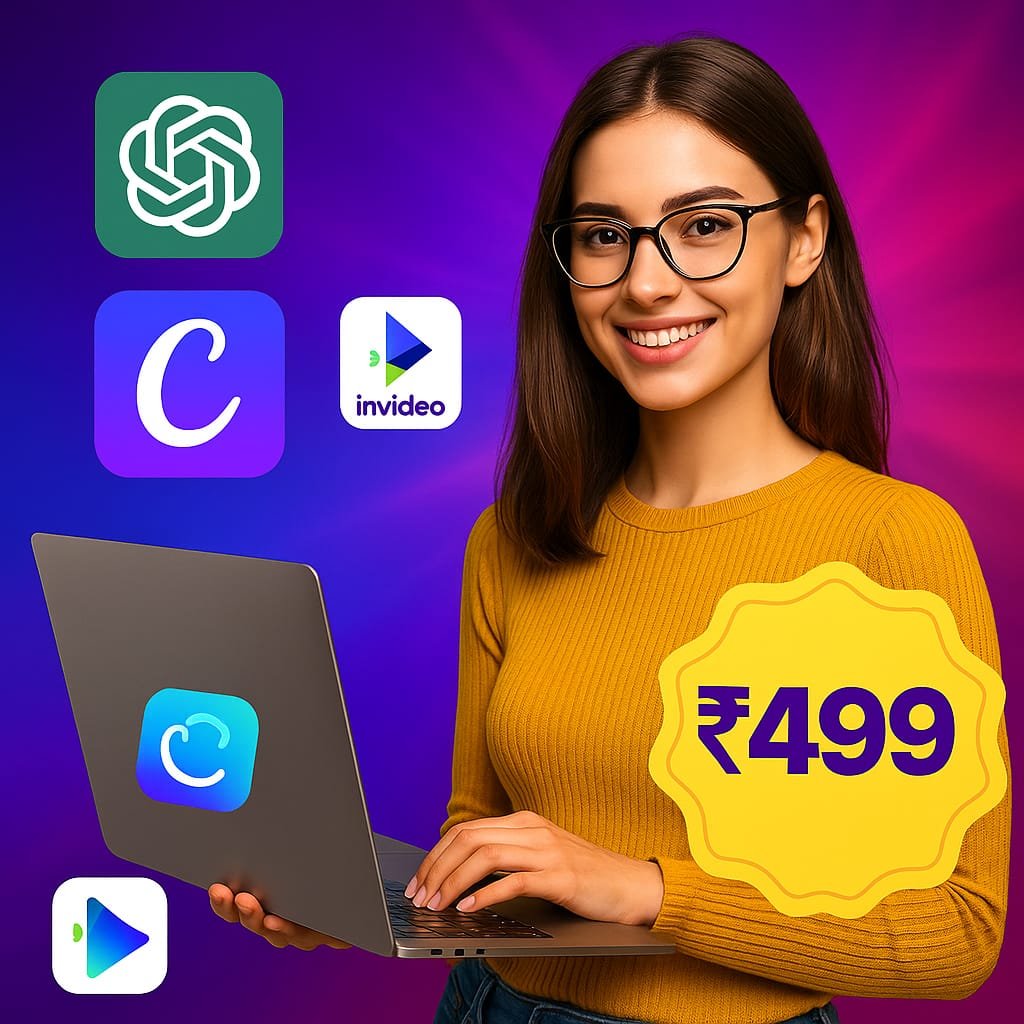 A confident Indian girl with a cheerful expression holding a ₹499 sign, surrounded by icons of AI tools like ChatGPT, Canva, InVideo, and Google Ads.