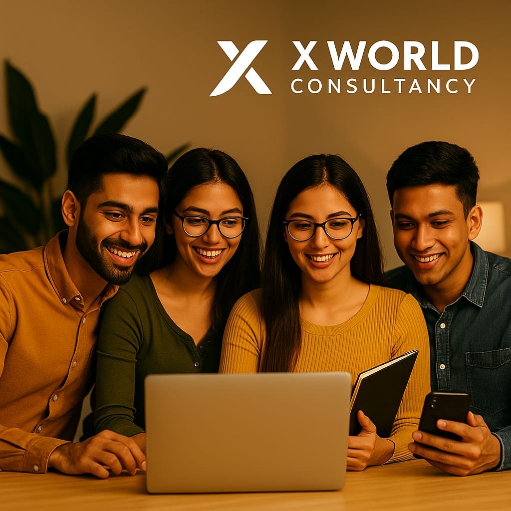 A group of smart and charming students learning AI tools from X World Consultancy, showcasing excitement and confidence.