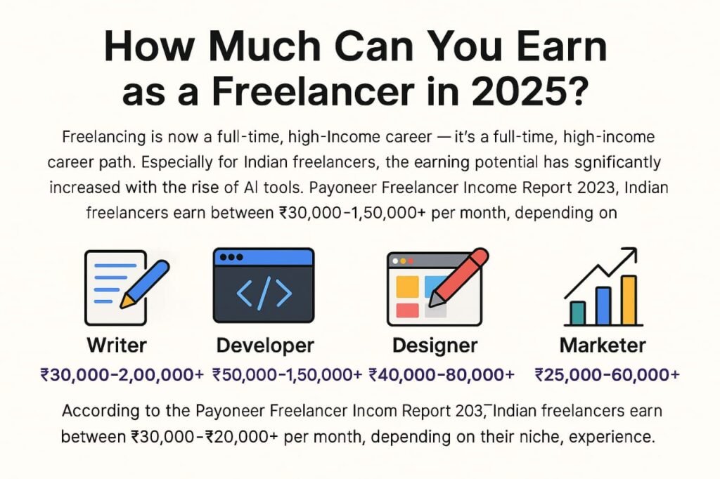Infographic to launch your freelance career in 2025 using AI tools, showing income potential for writers, designers, developers, and marketers.