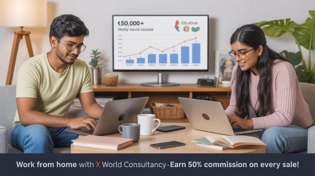Young man and woman working remotely on laptops with earnings graph on screen, showcasing work-from-home success with X World Consultancy – the best company for work from home.