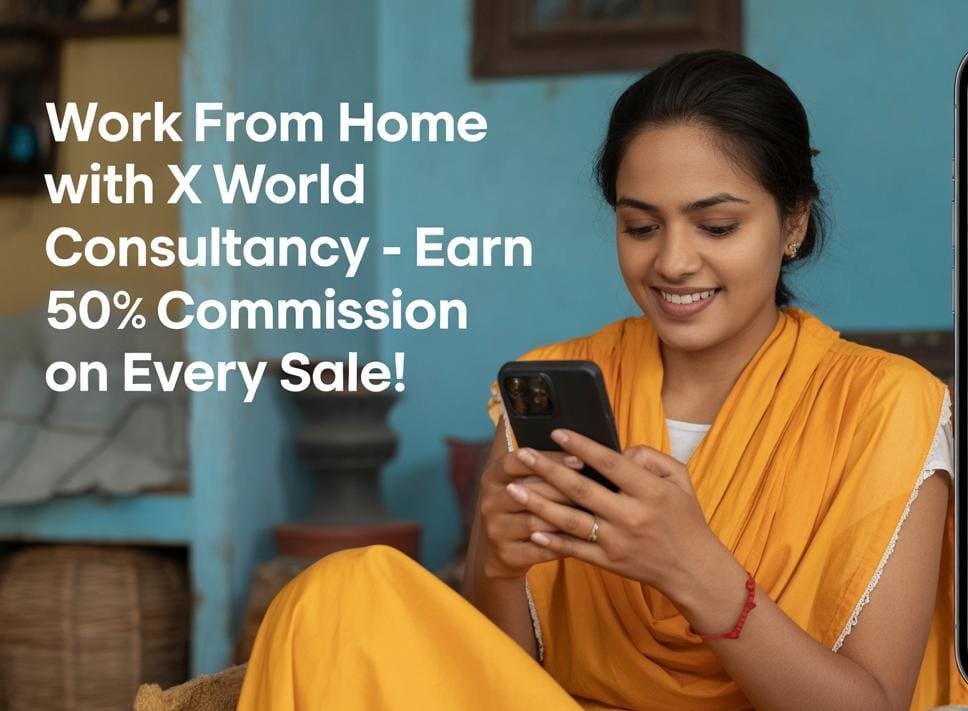 Young woman working remotely on smartphone with earnings graph on screen, showcasing work-from-home success with X World Consultancy – the best company for work from home.