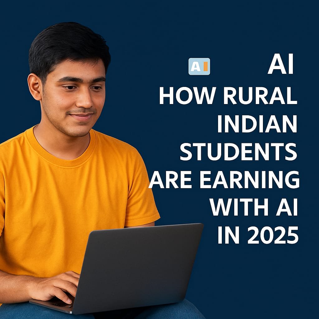 Young Indian man smiling while using a laptop with poster text "How to Earn with AI" and a list of AI income methods.