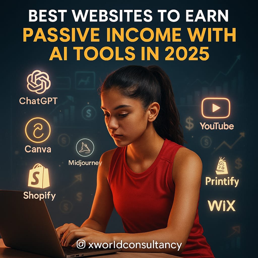 Young Indian woman exploring AI tools for passive income in 2025 2. Printify (Print-on-Demand Image): AI generated print-on-demand product design using Printify 3. Wix (Website Builder Image): Creating affiliate website using AI on Wix in 2025 4. CustomGPT.ai (Chatbot Affiliate Image): Earning passive income through CustomGPT.ai chatbot affiliate marketing 5. Udemy (Course Creation Image): AI-powered online course creation on Udemy for passive income 6. OpenSea (NFT Image): AI-generated NFT art minted on OpenSea platform 7. AutoDS (Dropshipping Image): AI-driven dropshipping store setup using AutoDS 8. QuantConnect (Stock Trading Image): Automated stock trading with AI on QuantConnect platform 9. Tips Section Graphic (Optional): Tips for using AI tools to build passive income online 10. Call-to-Action (Instagram/Future CTA): Follow X World Consultancy on Instagram for AI income tips