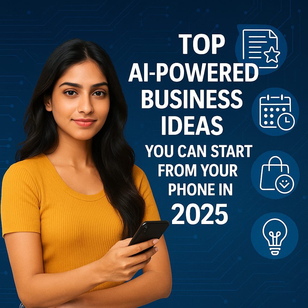A confident young Indian woman holding a smartphone stands beside bold text that reads 'Top AI-Powered Business Ideas You Can Start from Your Phone in 2025', with icons representing content creation, scheduling, e-commerce, and innovation on a tech-themed blue background.