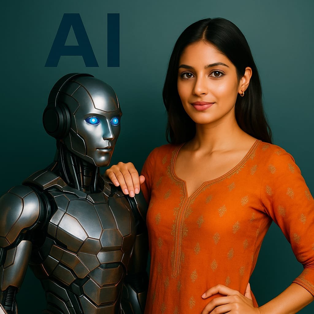 Young South Asian woman confidently standing beside a humanoid AI robot with her hand on its shoulder, both facing forward with calm expressions.