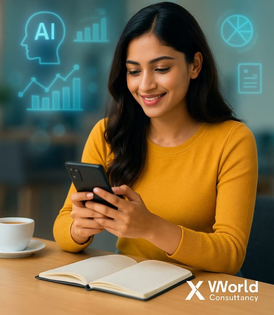 एक युवा महिला मोबाइल फोन पर AI टूल्स के साथ ऑनलाइन बिज़नेस शुरू करती हुई – 2025 की डिजिटल क्रांति को दर्शाती हुई छवि