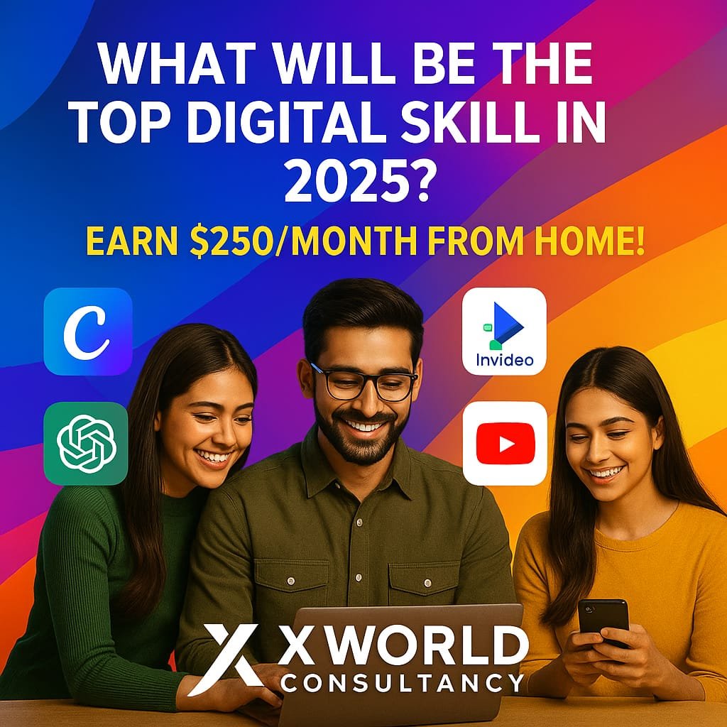 A colorful digital graphic of a confident Indian youth learning digital skills with a laptop and mobile phone, promoting X World Consultancy's online income programs for 2025.