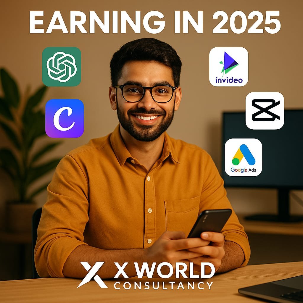 A smiling young Indian man in a mustard shirt using a smartphone at his desk, surrounded by AI tool icons like ChatGPT, Canva, InVideo, CapCut, and Google Ads, with the text 'Earning in 2025' and X World Consultancy branding.