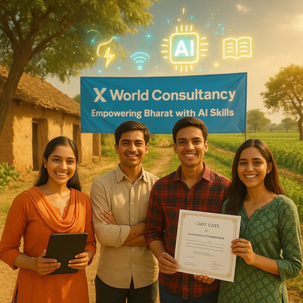 A group of four young Indian adults, smiling in front of a rural hut and farmland, holding a certificate and tablet, with a banner reading "X World Consultancy – Empowering Bharat with AI Skills" and glowing AI icons in the sky.