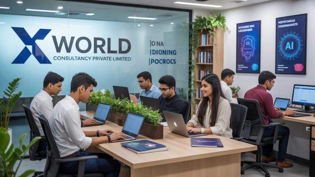 Inside X World Consultancy's AI-Powered Office. A modern Indian office of X World Consultancy Private Limited, where young professionals are working on AI tools and technology projects.