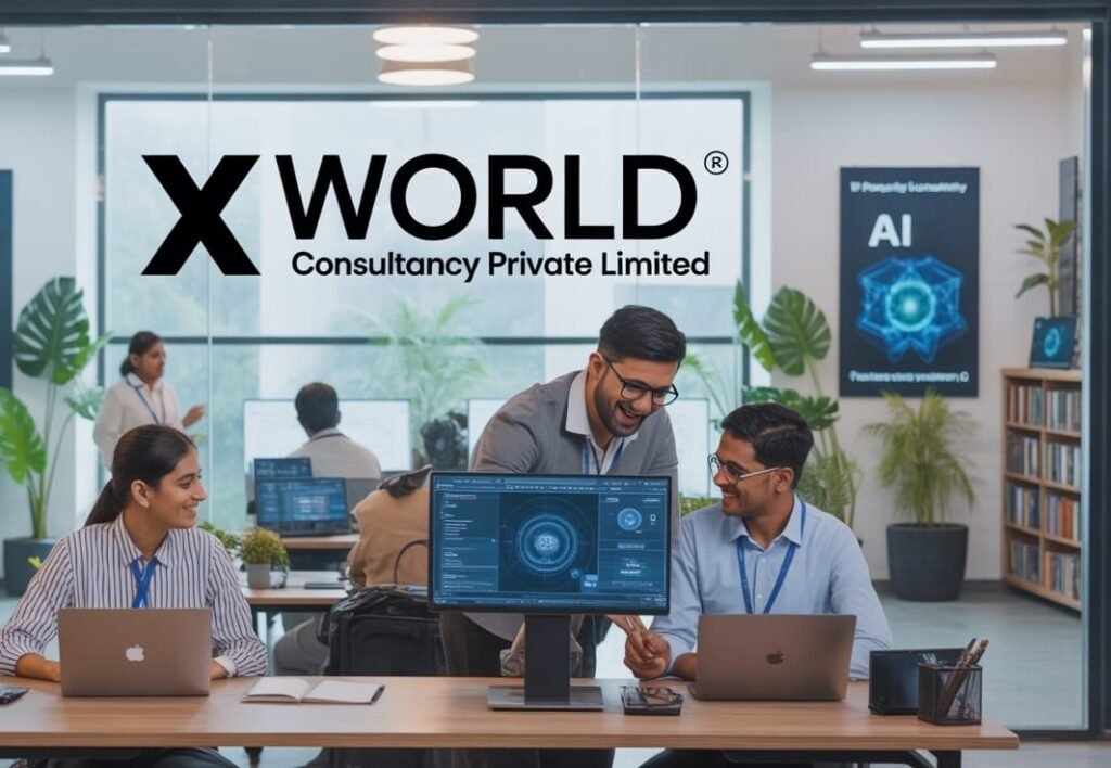 A modern Indian office of X World Consultancy Private Limited, where young professionals are working on AI tools and technology projects in a collaborative workspace.