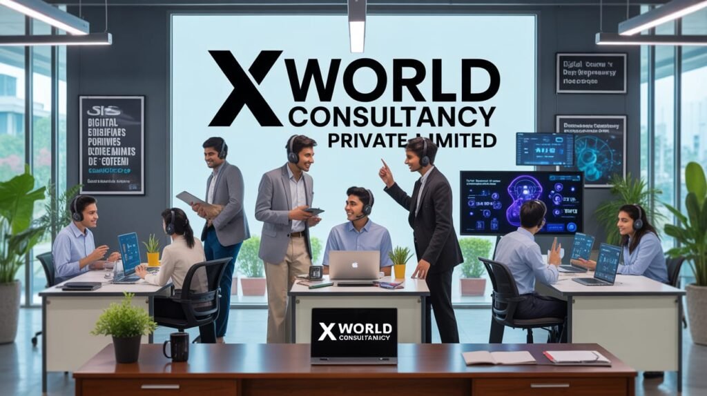 Office team working in X World Consultancy Private Limited's AI-focused workspace.