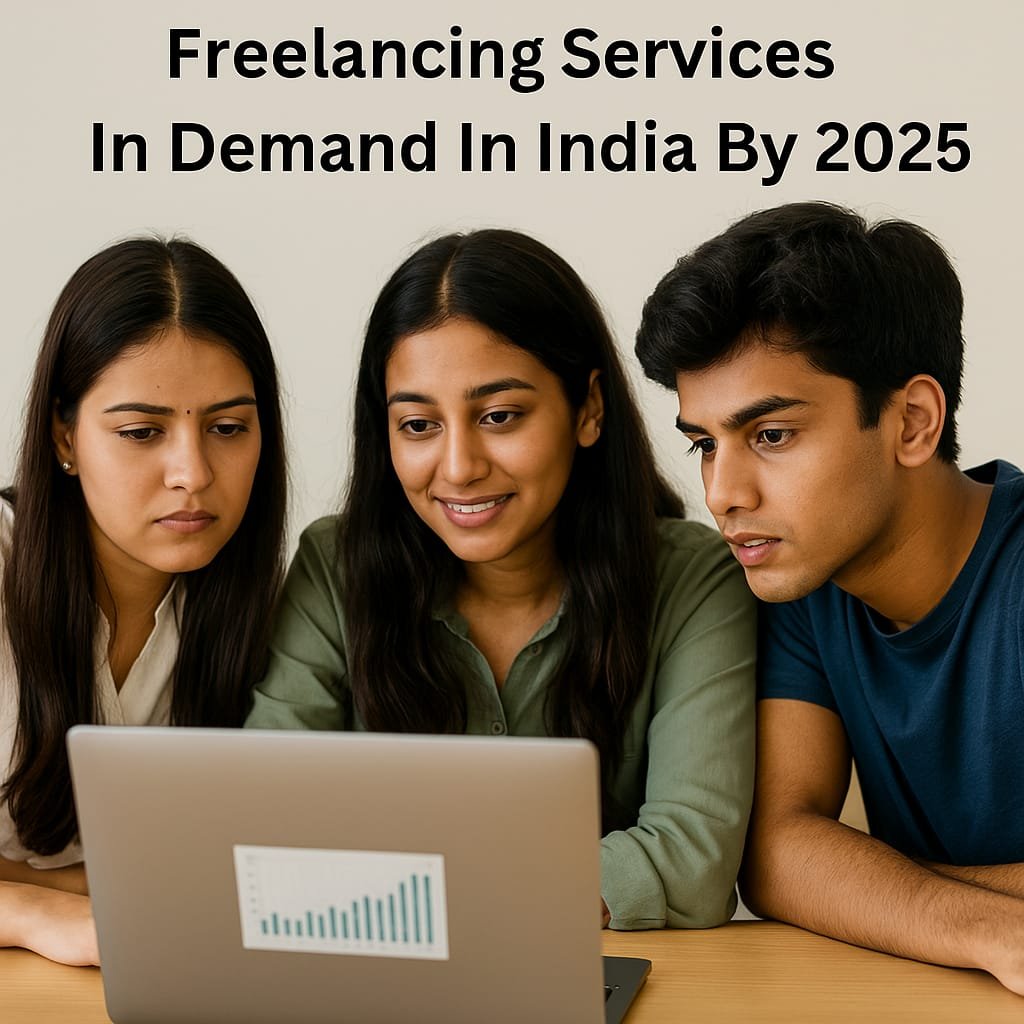 Three young Indian freelancers (two girls and one boy) discussing trending freelance services in 2025.