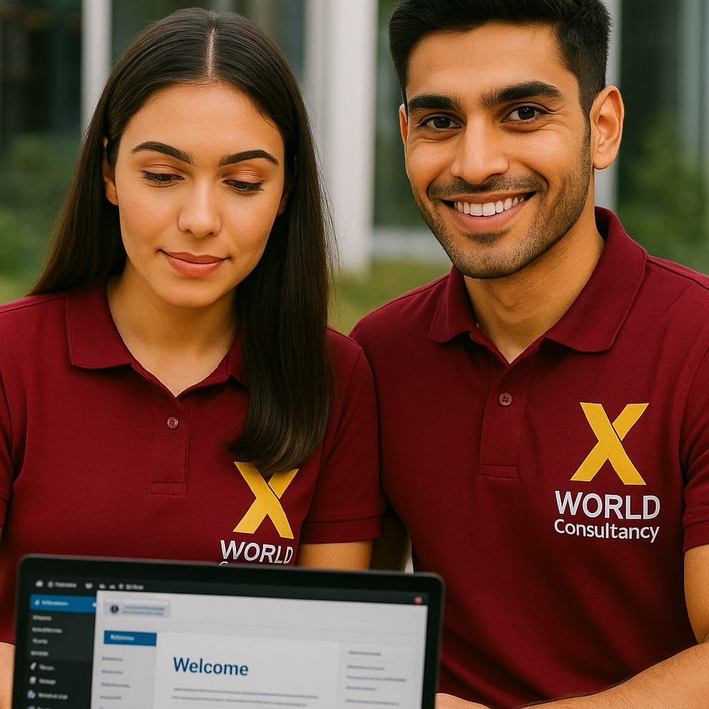 Two young professionals wearing X World Consultancy t-shirts learning website designing on a laptop using WordPress.