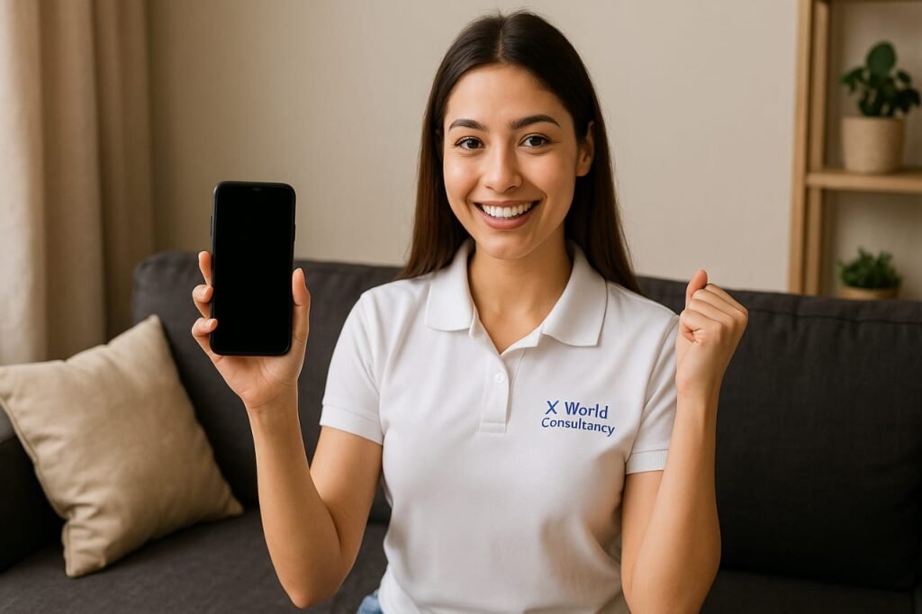 Young Indian woman in X World Consultancy uniform smiling and holding a smartphone, representing the Sirf Ek Mobile initiative.