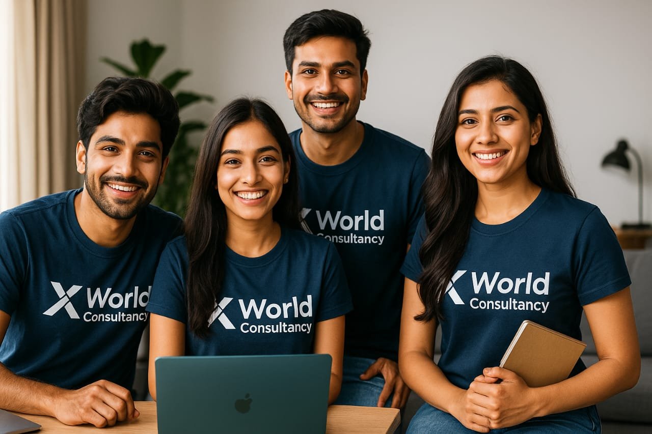 Four smiling Indian students in bright X World Consultancy T-shirts working on laptops and phones, symbolizing how to launch your freelance career with confidence.