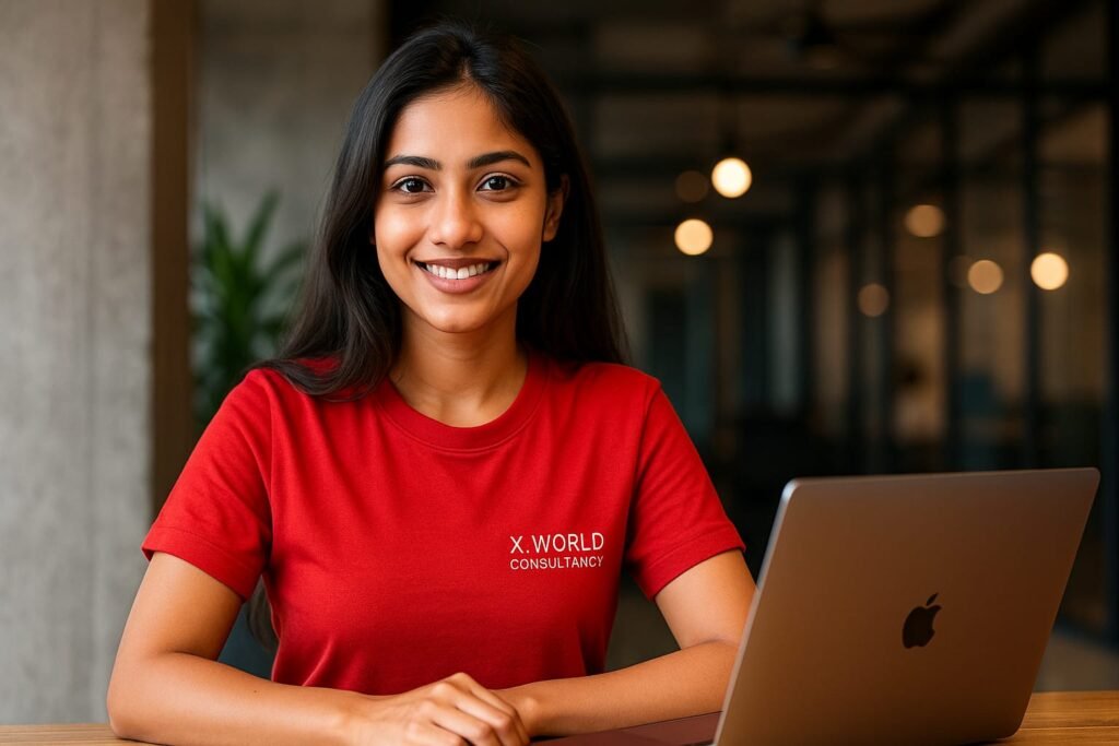 A young Indian girl working on a laptop in a yellow X World Consultancy t-shirt, representing the trending freelancing niche in 2025.