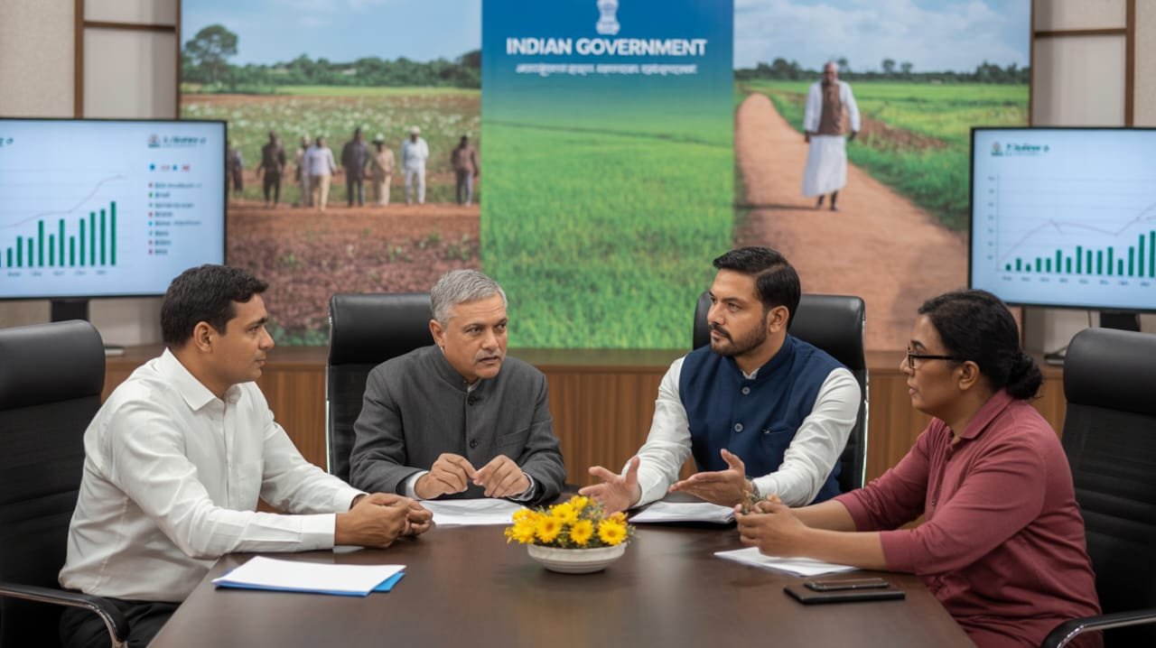 Professionals consulting with rural and government representatives, symbolizing the role of consultancy in implementing government schemes.