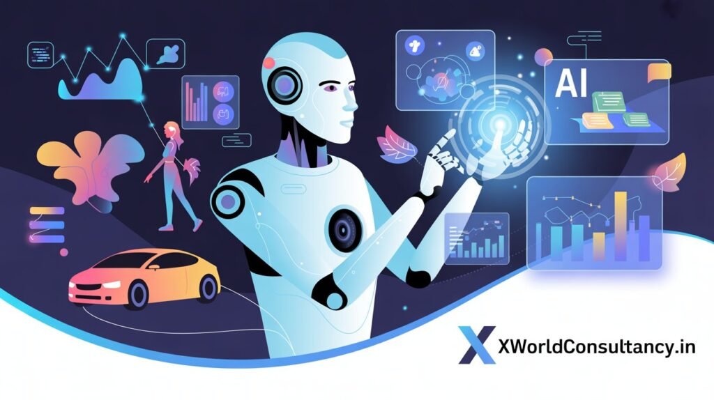 Futuristic robot with holographic data and Artificial intelligence technology elements, showcasing applications in healthcare, business, and education with xworldconsultancy.in logo.