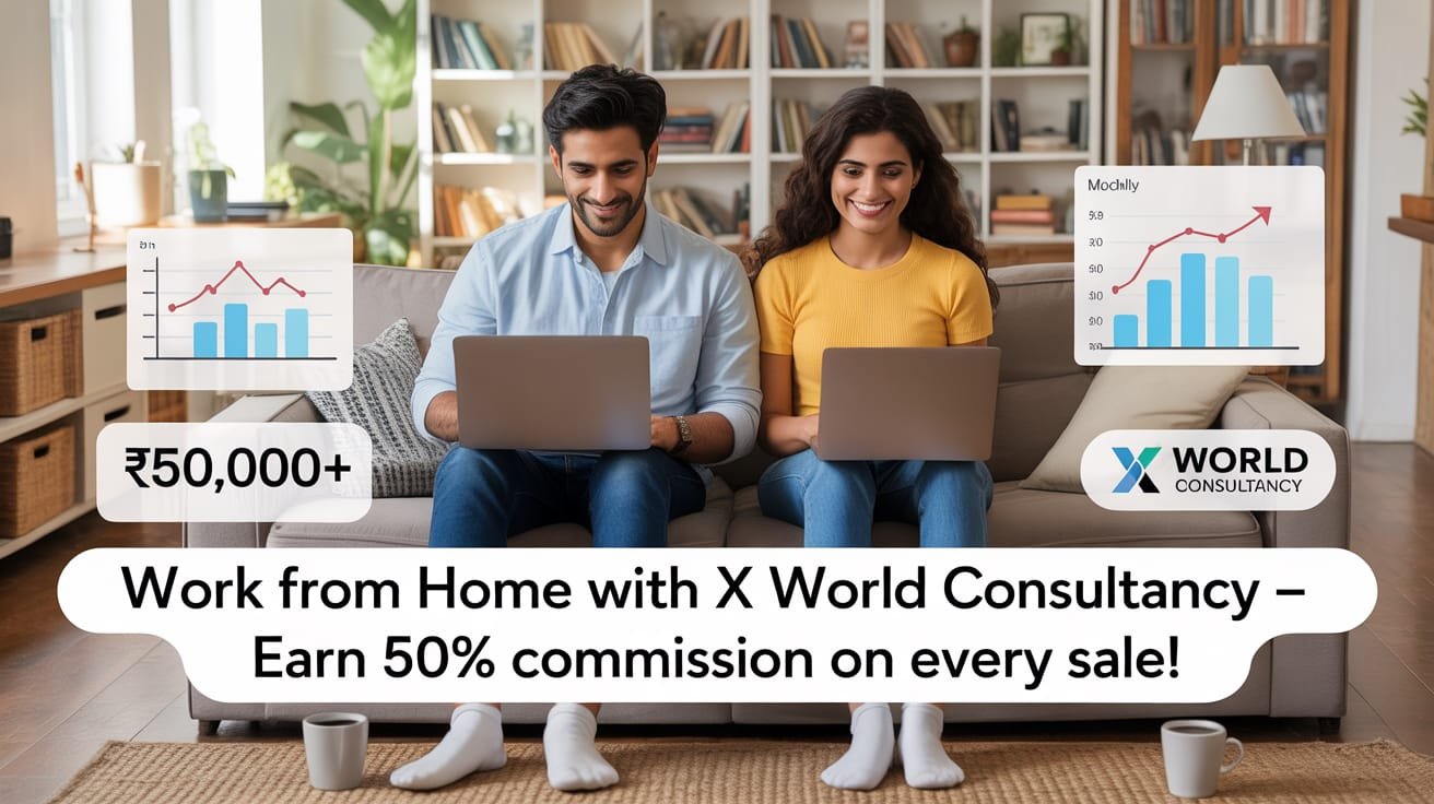 Young man and woman working remotely on laptops with earnings graph on screen, showcasing work-from-home success with X World Consultancy โ the best company for work from home.