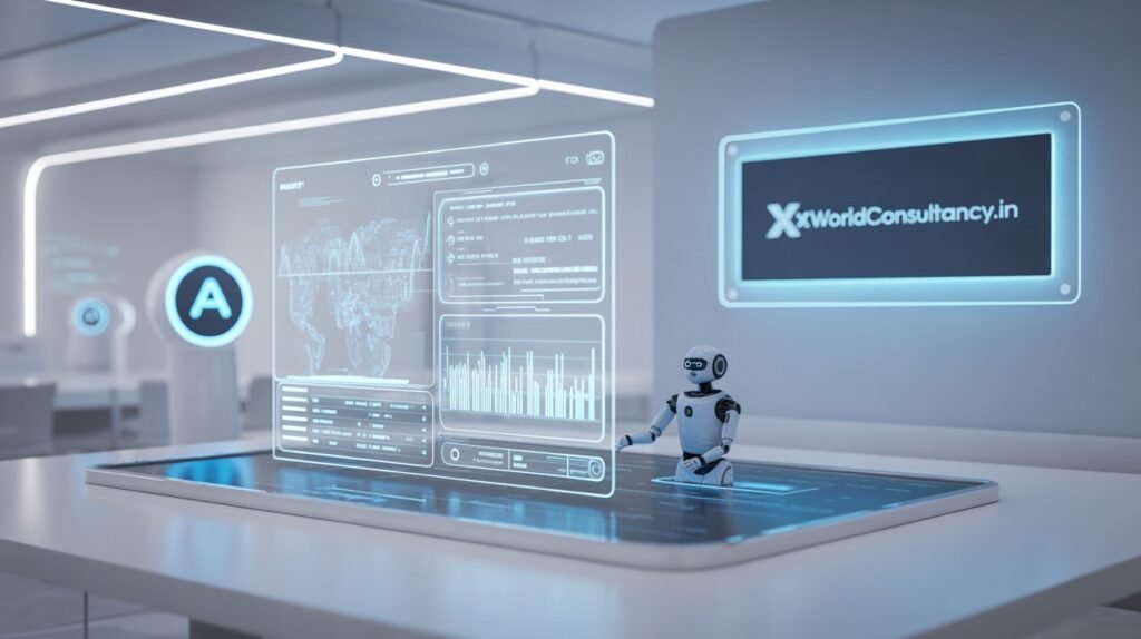 Futuristic digital workspace with AI tools and xWorldConsultancy.in logo