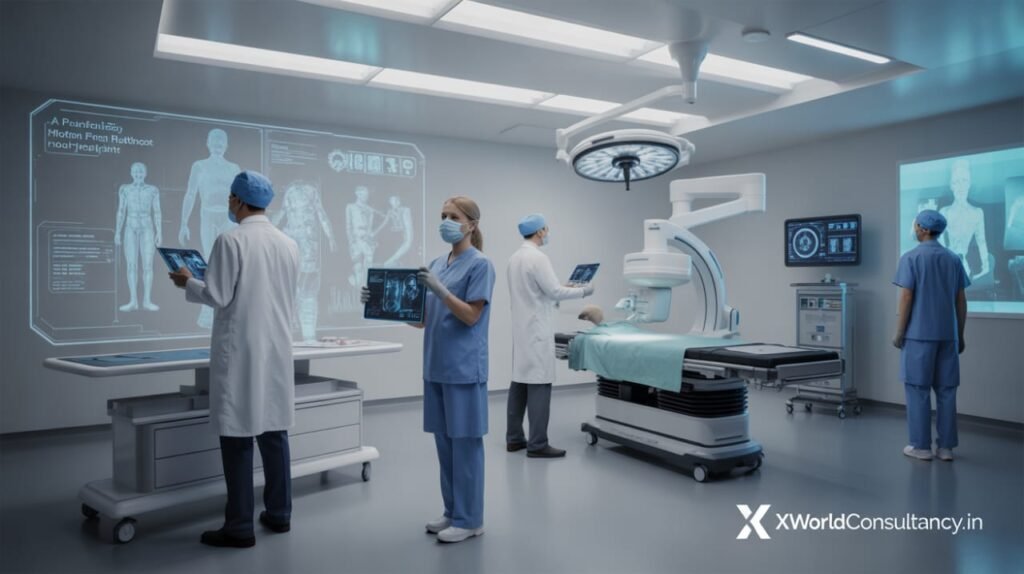 Futuristic hospital with AI-powered robots, holographic medical scans, and patients interacting with virtual health assistants, branded with xworldconsultancy.in logo.