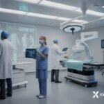 Futuristic hospital with AI-powered robots, holographic medical scans, and patients interacting with virtual health assistants, branded with xworldconsultancy.in logo.
