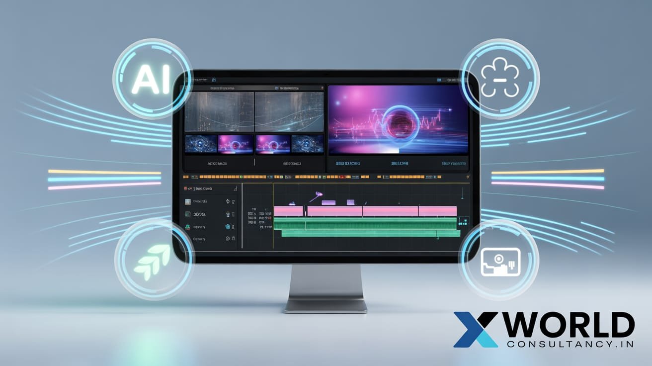 AI video editing interface with automation features, futuristic workspace, and xworldconsultancy.in logo.