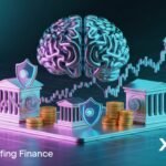 AI transforming finance with digital banking, investments, and risk management icons, futuristic fintech illustration