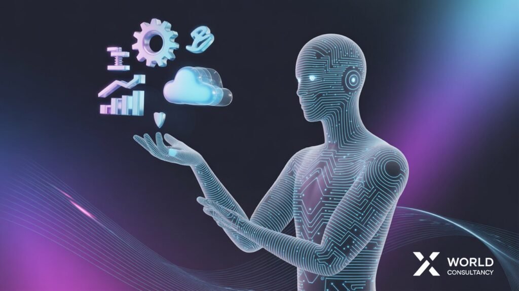 Futuristic digital illustration of Agentic AI with holographic data icons and X World Consultancy logo