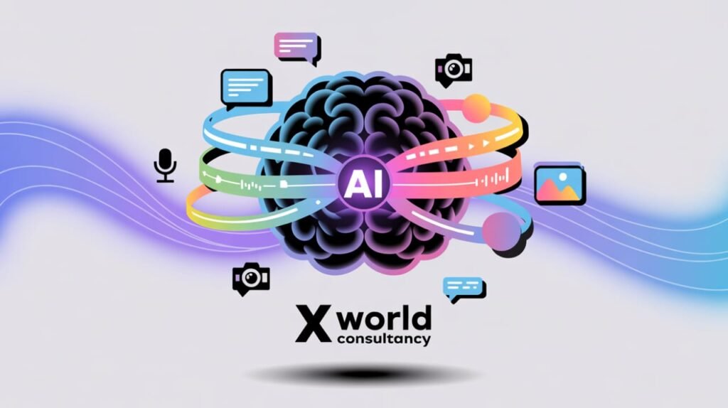 Futuristic AI brain with streams of text, images, audio, and video representing multimodal generative AI, with X World Consultancy logo.