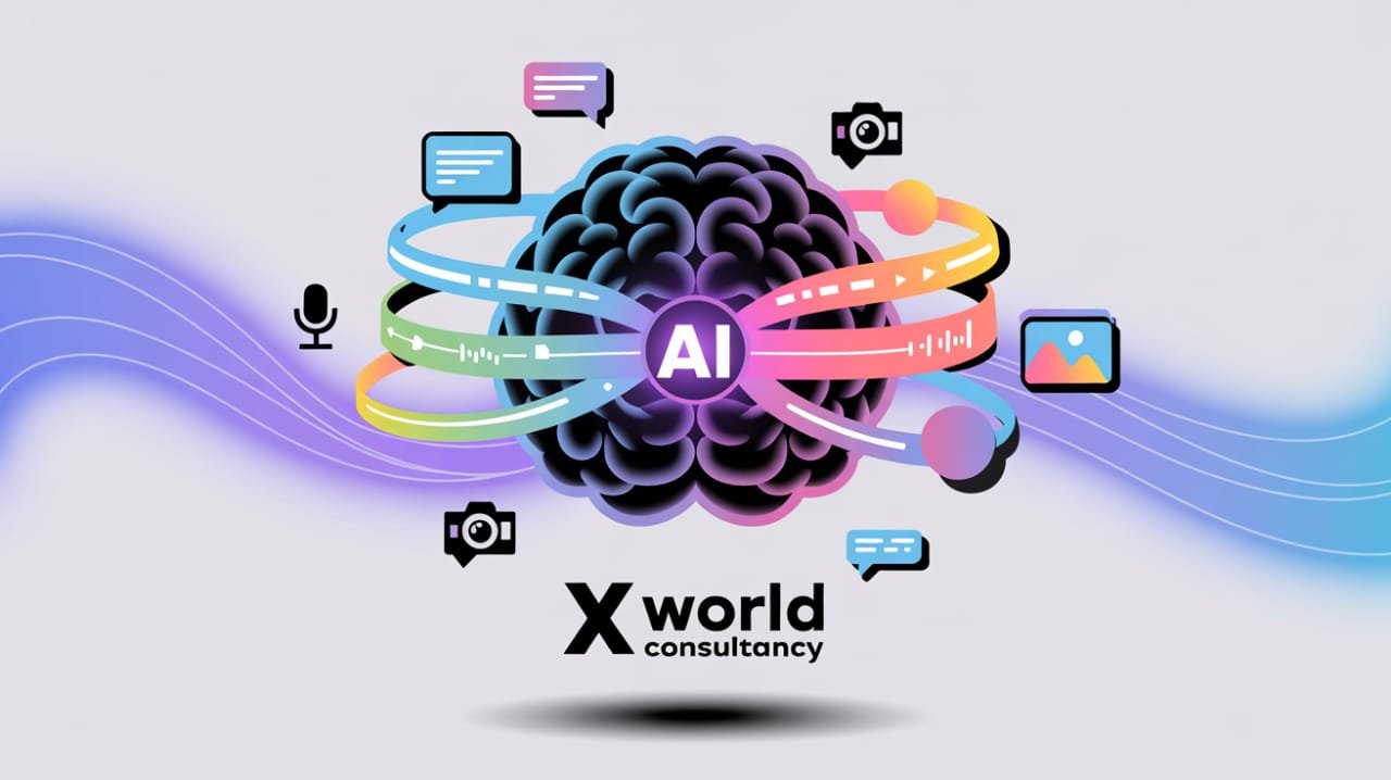 Futuristic AI brain with streams of text, images, audio, and video representing multimodal generative AI, with X World Consultancy logo.